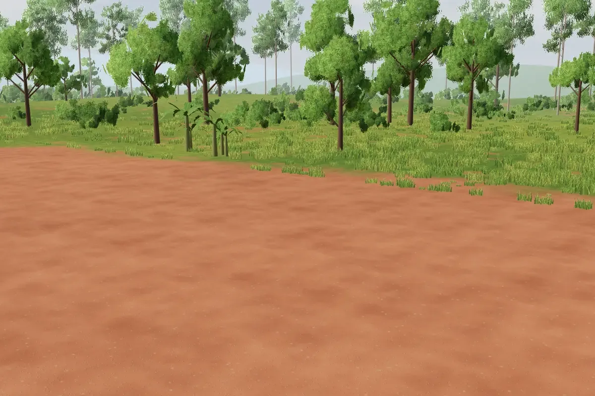 3D model of an empty plot of red earth, surrounded by trees.