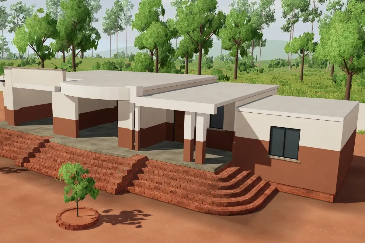 3D model of the house with light walls, an earth-toned base and windows installed.